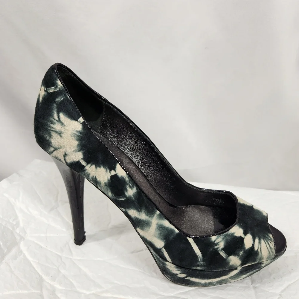 Claudia Ciuti Leather Blue & White Tie Dye Peep Toe Platform Heels Size 6M